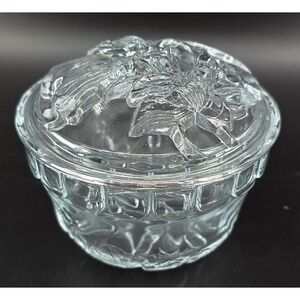 Vtg Glass Candy Dish Trinket Jewelry Storage Frosted Flower Round w Lid 1980 KIG